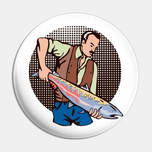 Fisherman Catching Chinook Salmon Retro Pin