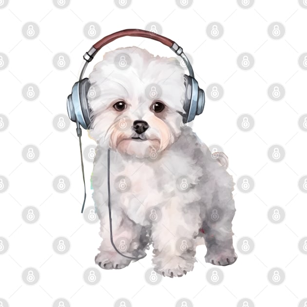 Watercolor Bichon Frise Dog with Headphones by Chromatic Fusion Studio