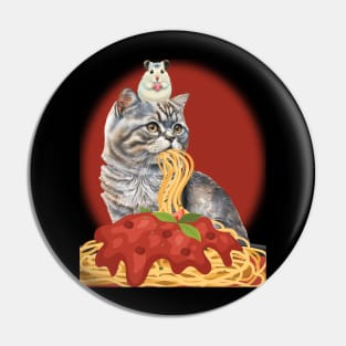 CUTE CAT EATING SPAGHETTI WITH GRATEFUL HAMSTER HOLDING A HEART Pin