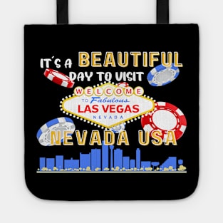 Travel to beautiful Las Vegas in Nevada. Bright text. Gift ideas for the travel enthusiast available on t-shirts, stickers, mugs, and phone cases, among other things. Tote