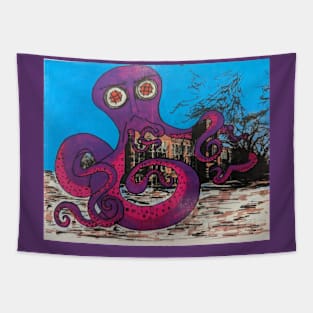 Purple Octopus Attack on School Tapestry