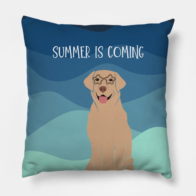 Summer Is Coming Labrador Retriever Dog with Glasses on Sea Wave Background Pillow by Seasonal Dogs