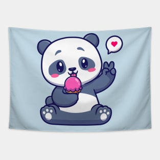 Cute Panda Eating Ice Cream Cartoon Tapestry