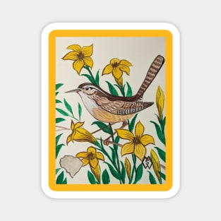 South Carolina state bird and flower, the Carolina wren and yellow jessamine Magnet