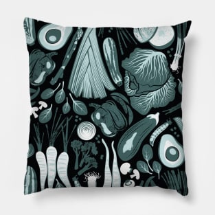 Go veggie // pattern // black background pine and mint vegetables Pillow