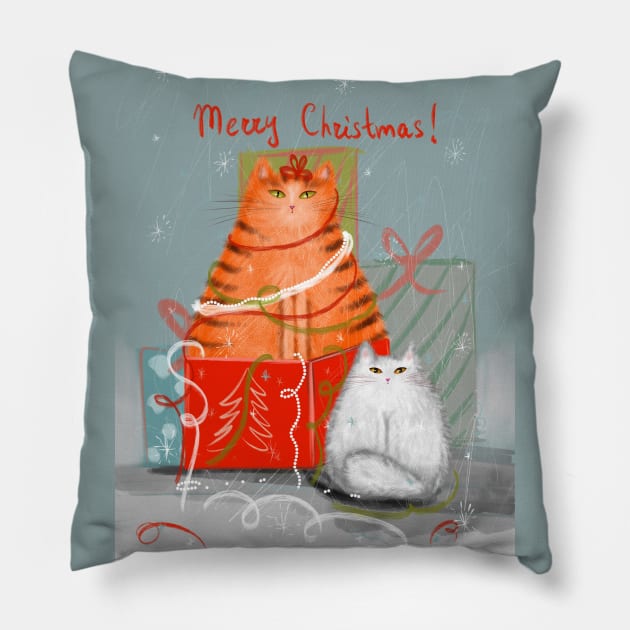 Merry Christmas greeting winter card with cute fluffy cats in red Santa hats and scarves. Pillow by Olena Tyshchenko