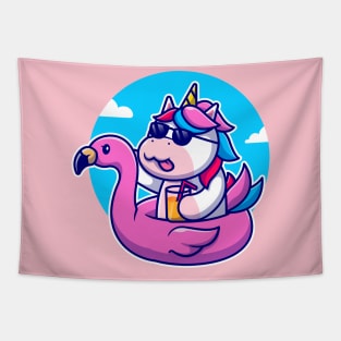 Cute Unicorn With Flamingo Swimming Tires Cartoon Tapestry