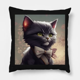 Elegant Grey and White Cat With an Grey Floral Bow Tie | White and grey cat with green eyes | Digital art Sticker Pillow