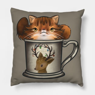 Fluffy Orange Tabby in a Reindeer Holiday Mug for Christmas Pillow