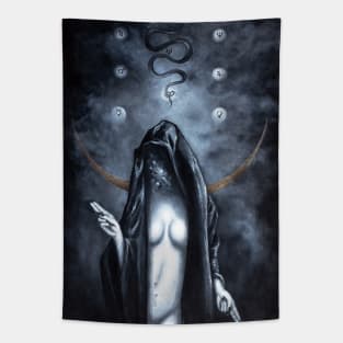 Body of Light painting, hooded person, moon, occultism, snake, tree of life, kabala, gothic art, satanism Tapestry