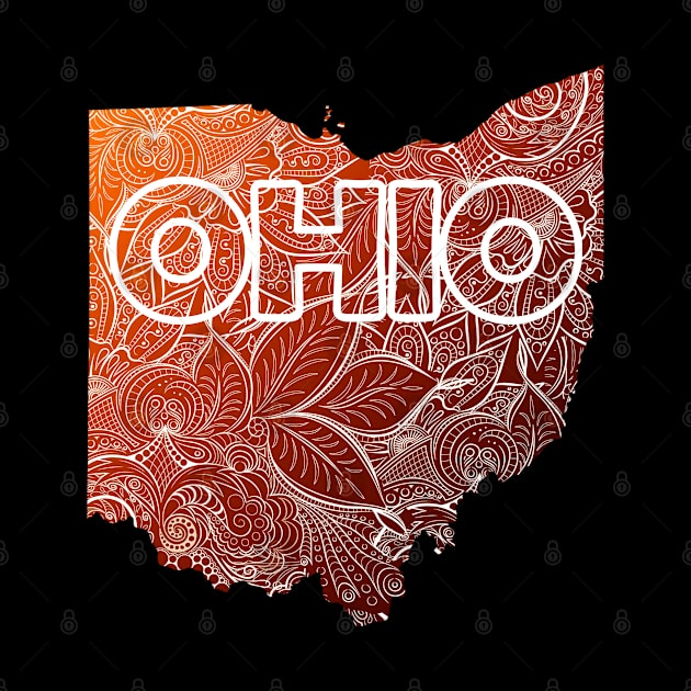 Colorful mandala art map of Ohio with text in brown and orange by Happy Citizen