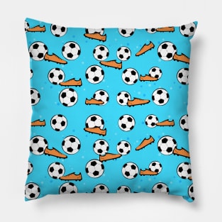 Football / Soccer - Balls & Boots Seamless Pattern on Blue Background Pillow