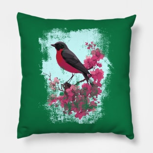 robin bird perched on flowering branch design Pillow