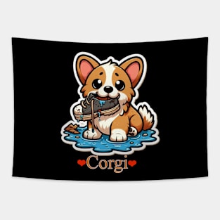 Cute Corgi Puppy In Puddle With Shoe Tapestry