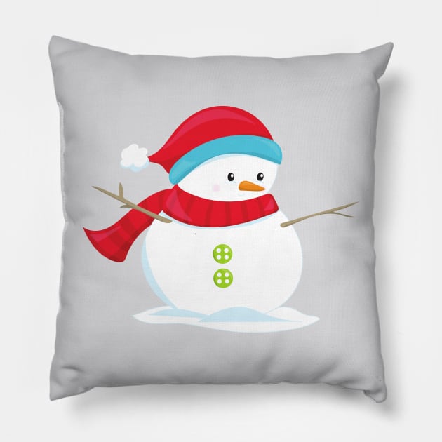 Christmas Snowman, Hat, Scarf, Carrot Nose, Xmas Pillow by Jelena Dunčević