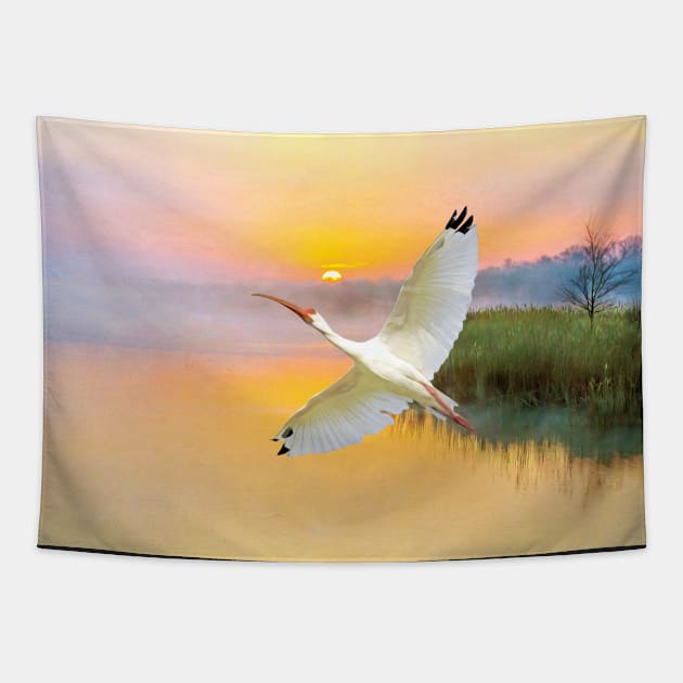 White American Ibis Bird in Flight Tapestry by lauradyoung