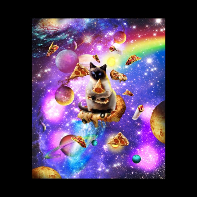 Space Siamese Cat Eating Pizza In Rainbow Galaxy by Random Galaxy