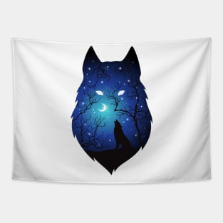 Wolves with blue sky and moon Tapestry