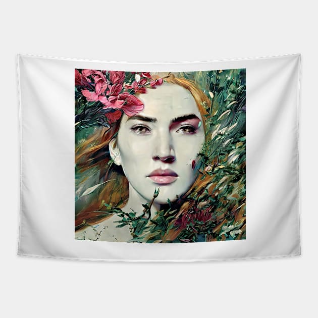 Portrait of young  Woman with  flowers Tapestry by bogfl