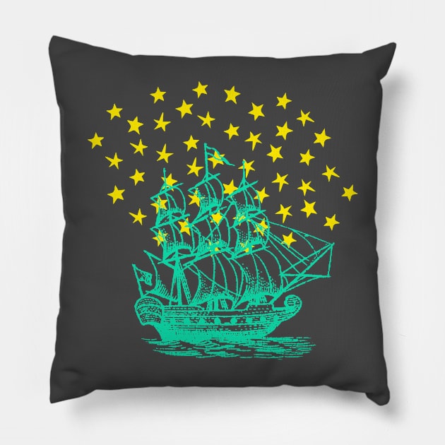 Vintage Ship Illustration with Stars Pillow by terrybain