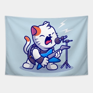 Cute Cat Rocker With Guitar Cartoon Tapestry