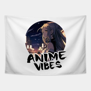 Cute Anime Girl at Night in Tokyo Crossing Street - Anime Shirt Tapestry