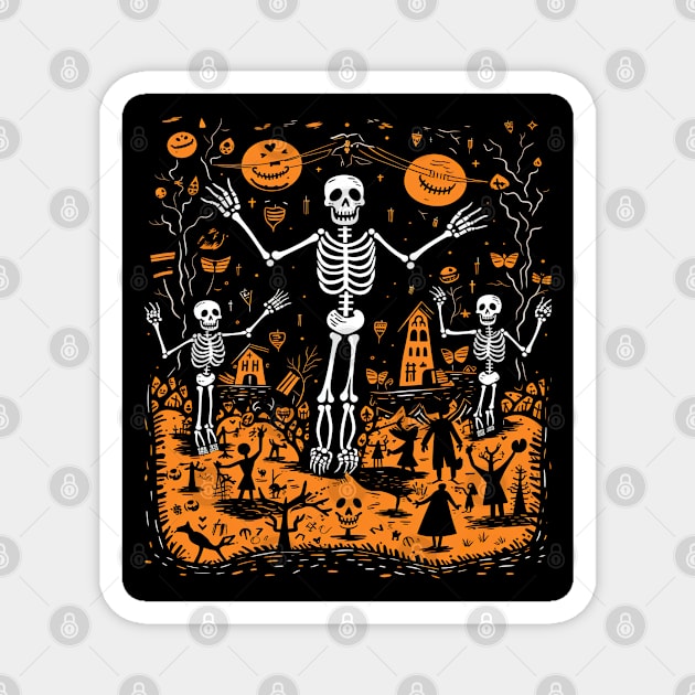 Skeleton Shuffle: A Playful Halloween Delight for Art Enthusiasts Magnet by familycuteycom