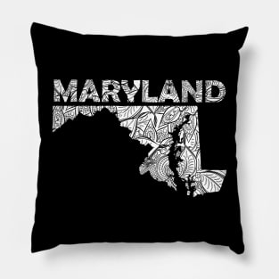 Mandala art map of Maryland with text in white Pillow