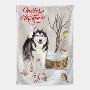 Alaskan Malamute Merry Christmas Santa Dog Tapestry