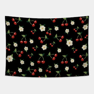 Cherries - cherry blossom pattern - black background - sakura tree Tapestry