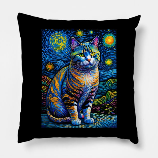 The American Shorthair Cat in starry night Pillow by FUN GOGH