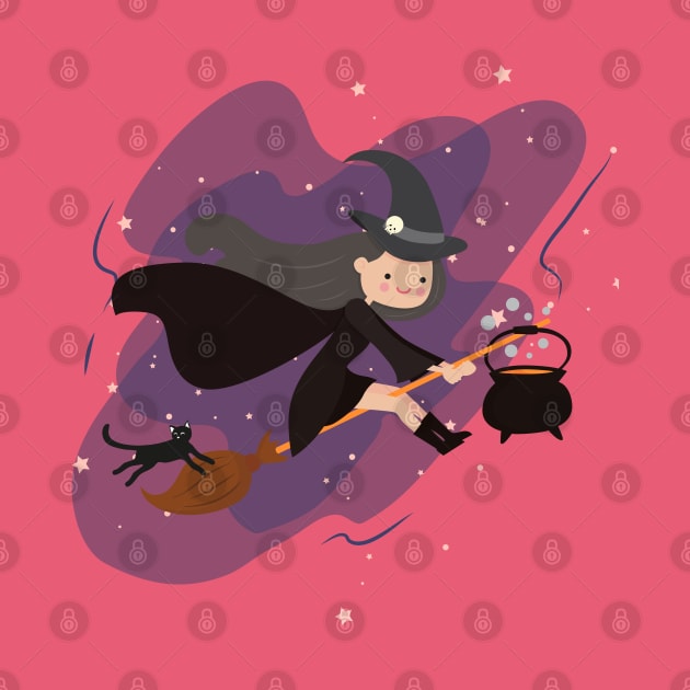 Kawaii Witch Flying in the moonlight With Her Black Cat and Cauldron by BicycleStuff