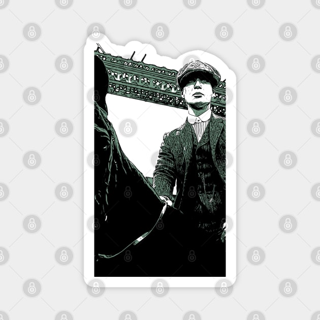 Thomas Shelby sits on his black horse with hat and suit as abstract comic graphic peaky blinders Magnet by ComicPrint