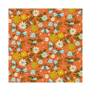 Blooming Flowers and Bees on Orange T-Shirt