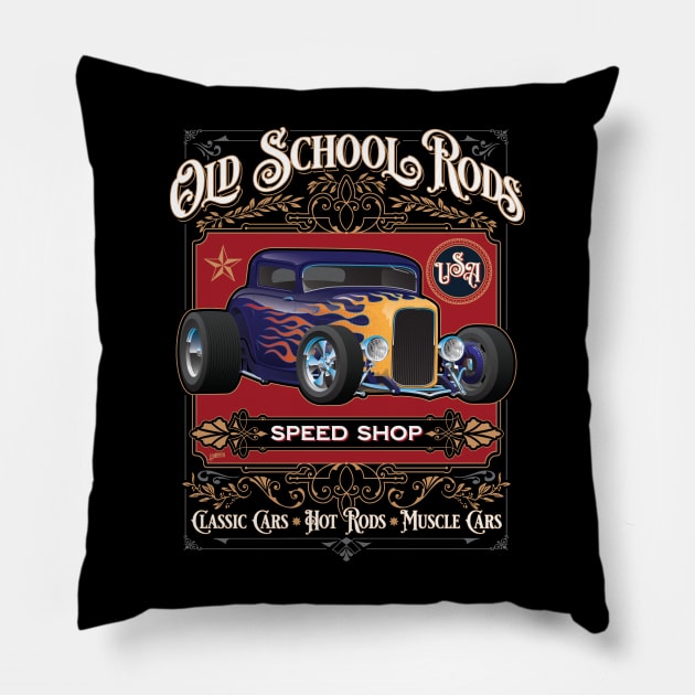 Old School Rods Speed Shop Vintage Style Hot Rod Car Design Pillow by hobrath