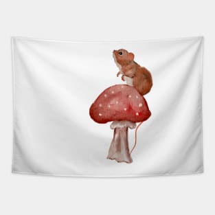 Cute Baby Mouse on Redcap Mushroom Watercolor Tapestry