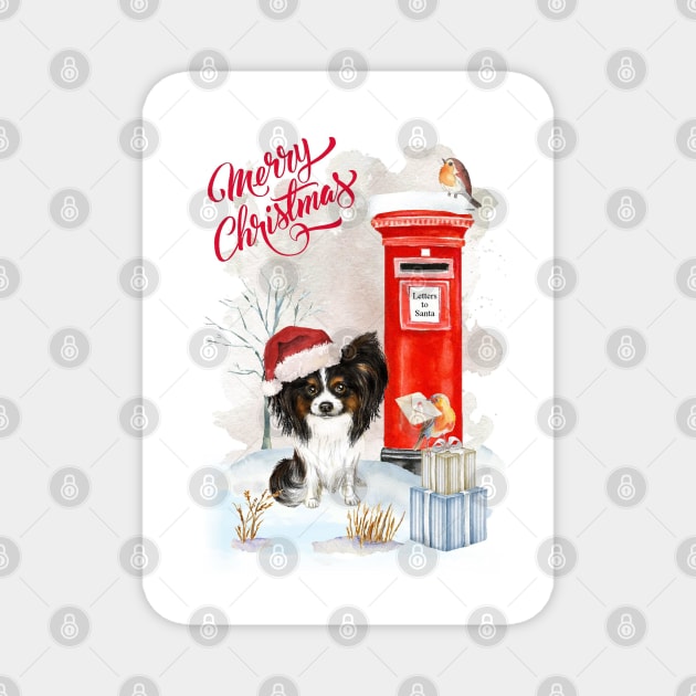 Black And White Papillon Merry Christmas Santa Dog Magnet by Puppy Eyes