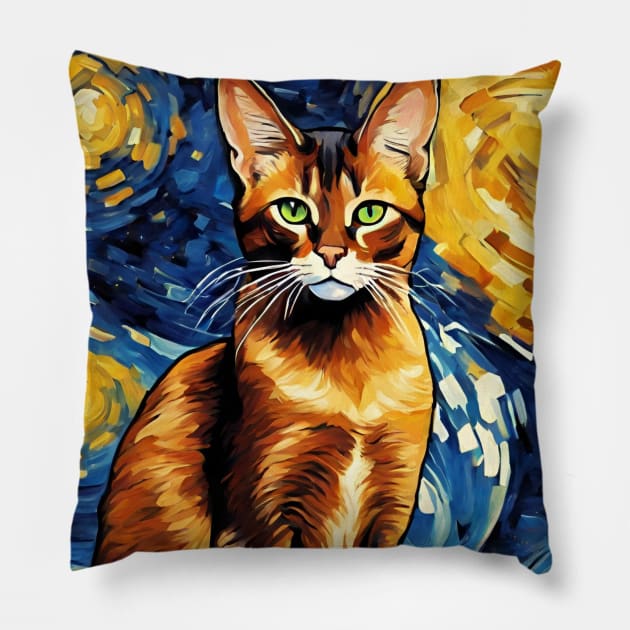 Adorable Abyssinian Cat Breed Painting in a Van Gogh Starry Night Art Style Pillow by Art-Jiyuu