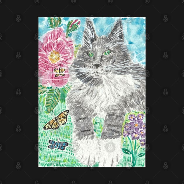 Gray and white  cat butterflies  flowers  art by SamsArtworks