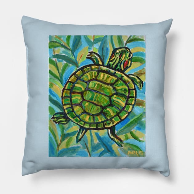 Swimming Slider Turtle Pillow by RobertPhelpsArt