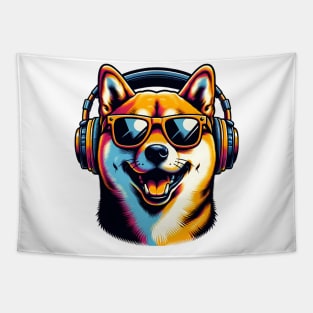 Shiba Inu Smiling DJ: Bold Colors, Musical Vibe Tapestry