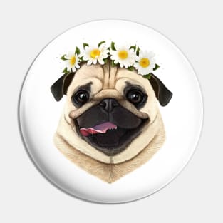 Pug with flowers Pin