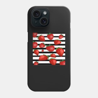 Happy Strawberry Design, Black & White Stripes & Strawberries Phone Case