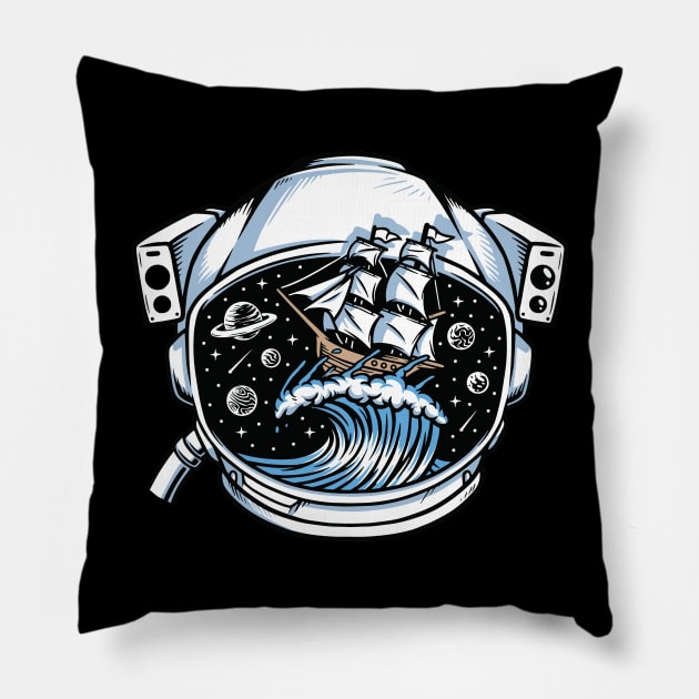 Sailing ship inside the astronaut helmet Pillow by The Outsiders