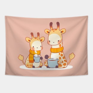 Giraffe family having hot chocolate Tapestry