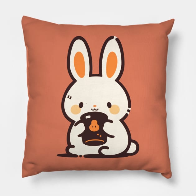 Kawaii bunny drinking hot chocolate Pillow by JP