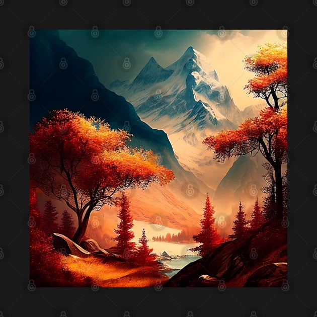 Colorful Autumn Trees Fall Colors Snowcapped Mountains River by The Art Mage