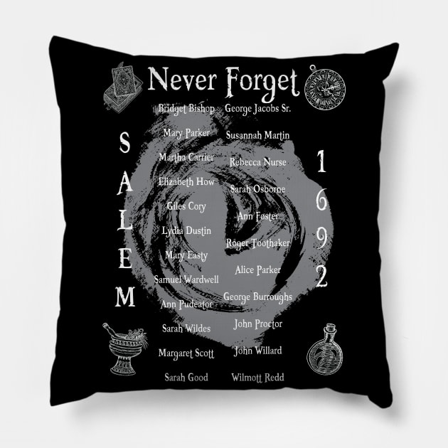 Never Forget The Salem Witches of 1692 - White Pillow by WyteMojo