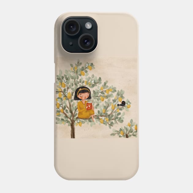A Girl Reading on a Lemon Tree Phone Case by Karinartspace