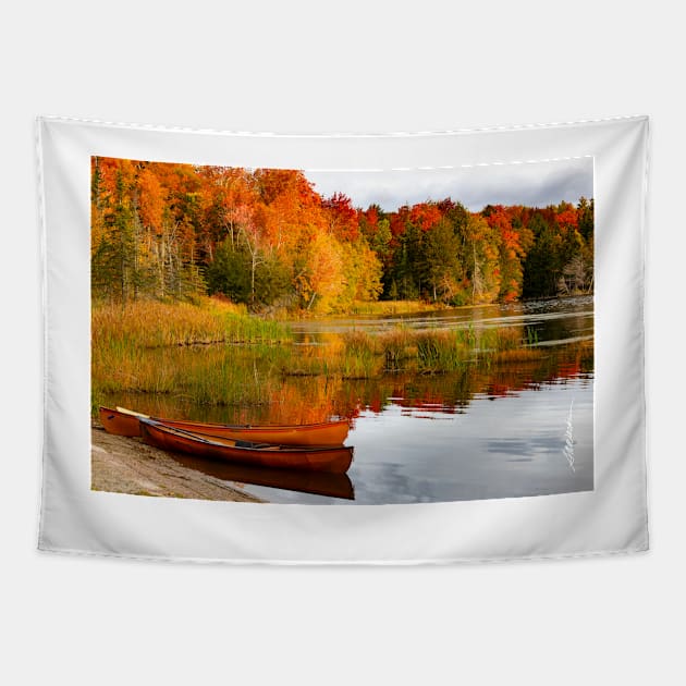 Kent Pond Morning Canoes Tapestry by srwdesign